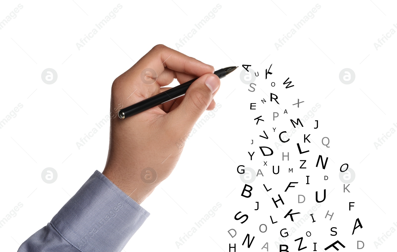 Image of Man writing letters and they flying away on white background, closeup