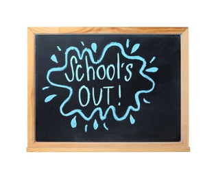 Chalkboard with text School's Out isolated on white. Summer holidays