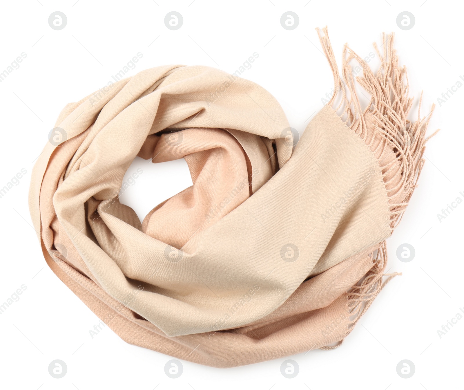 Photo of Soft cashmere scarf isolated on white, top view