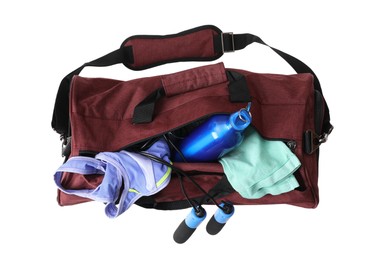 Sports bag with gym stuff isolated on white, top view