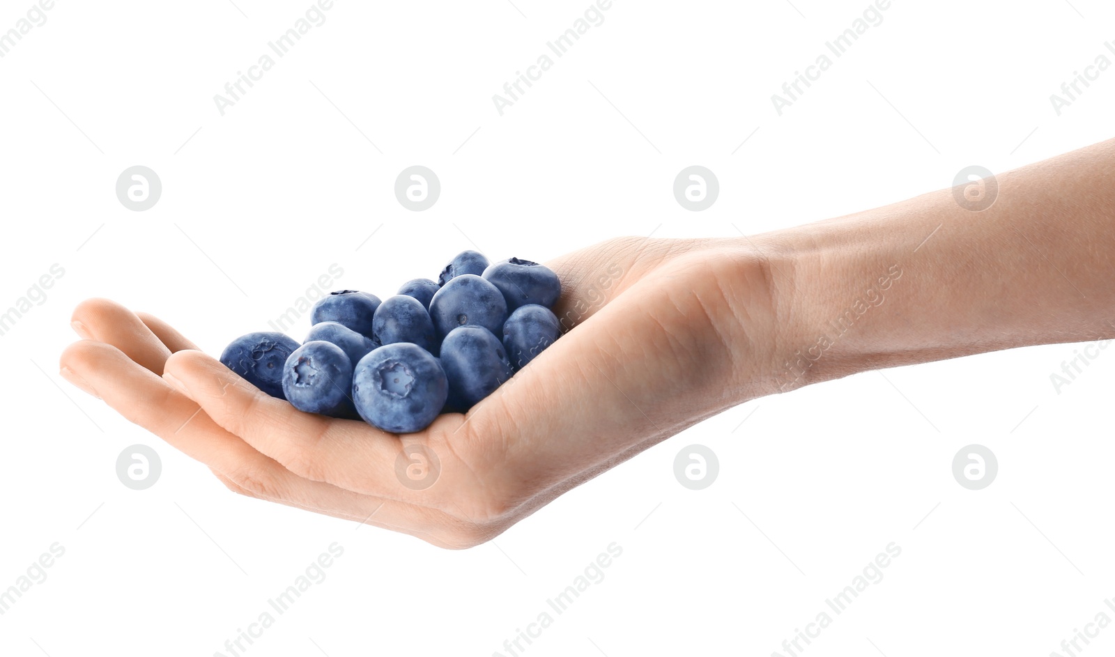 Photo of Woman holding fresh ripe blueberries on white background, closeup view