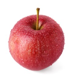 Photo of One ripe red apple with water drops isolated on white