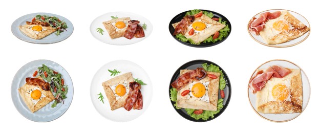 Image of Set with delicious crepes with eggs on white background. Breton galette. Banner design