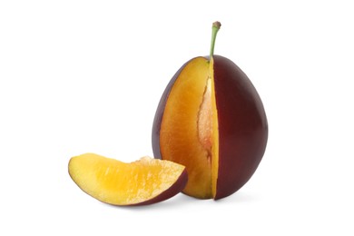 Photo of Fresh cut ripe plum on white background