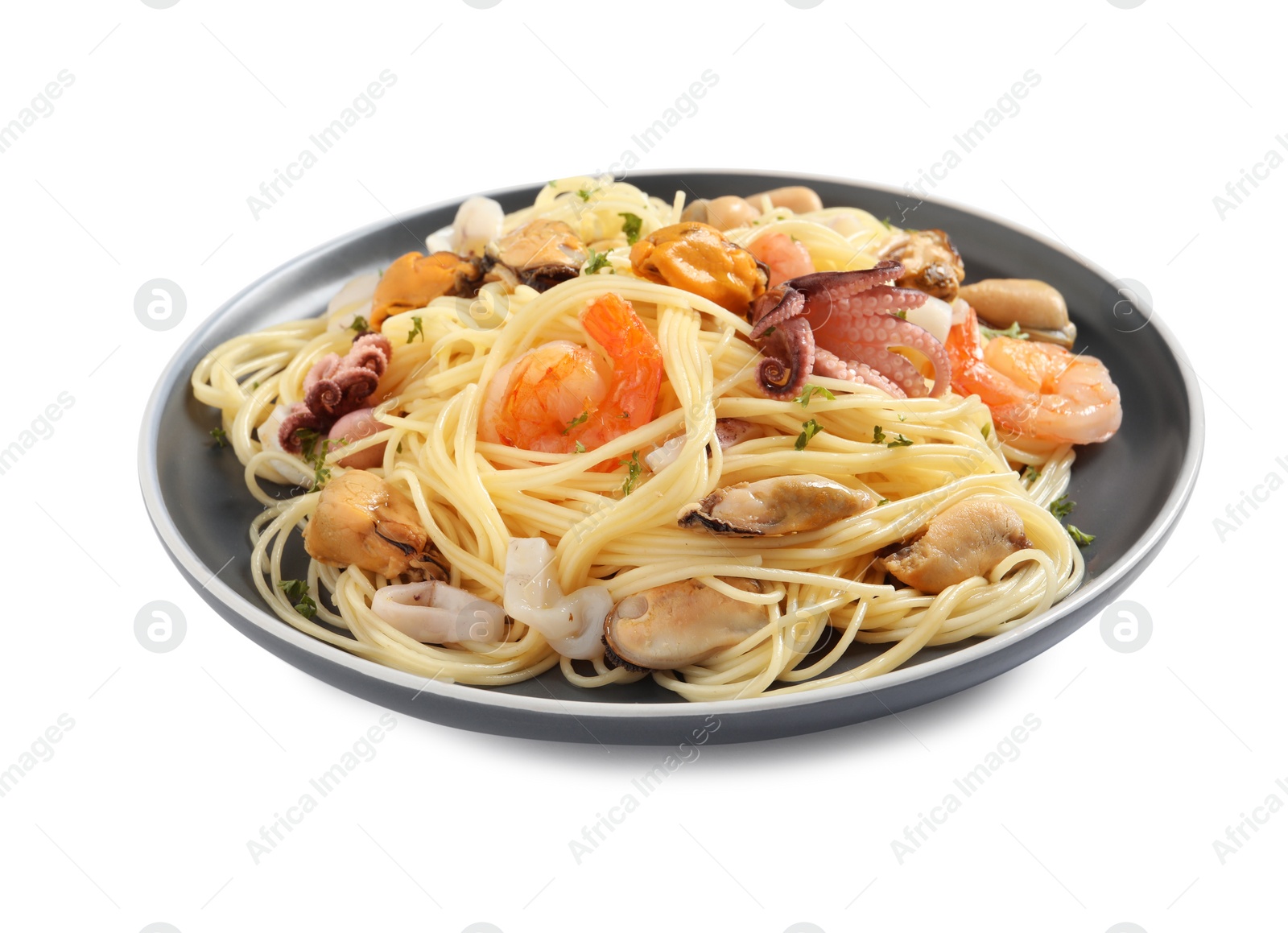 Photo of Delicious pasta with sea food isolated on white