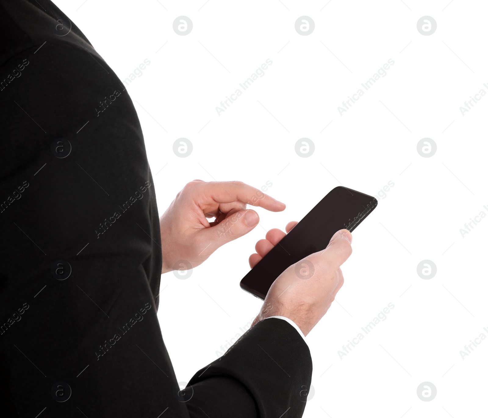 Photo of Businessman with smartphone on white background, closeup