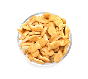 Photo of Delicious goldfish crackers in bowl isolated on white