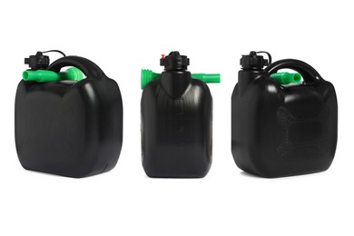 Black plastic canister on white background, different sides