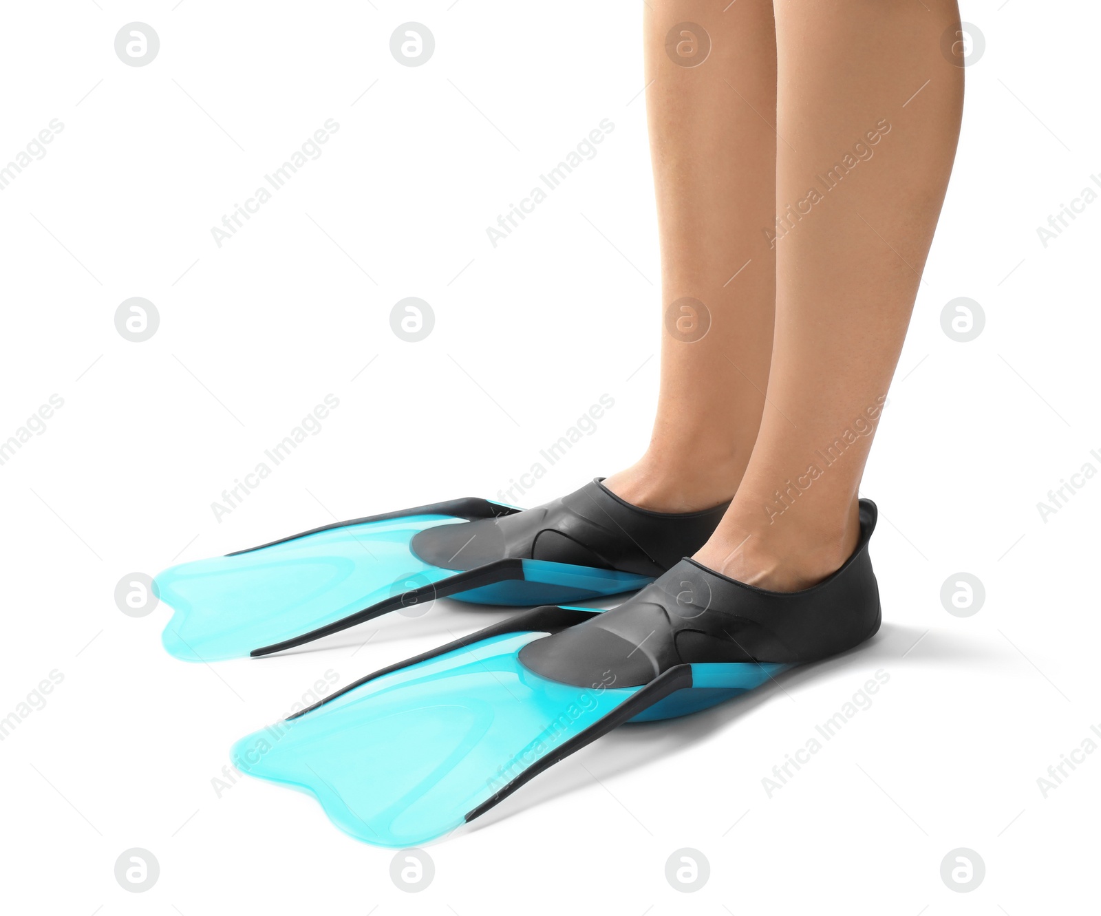 Photo of Woman wearing blue flippers on white background, closeup