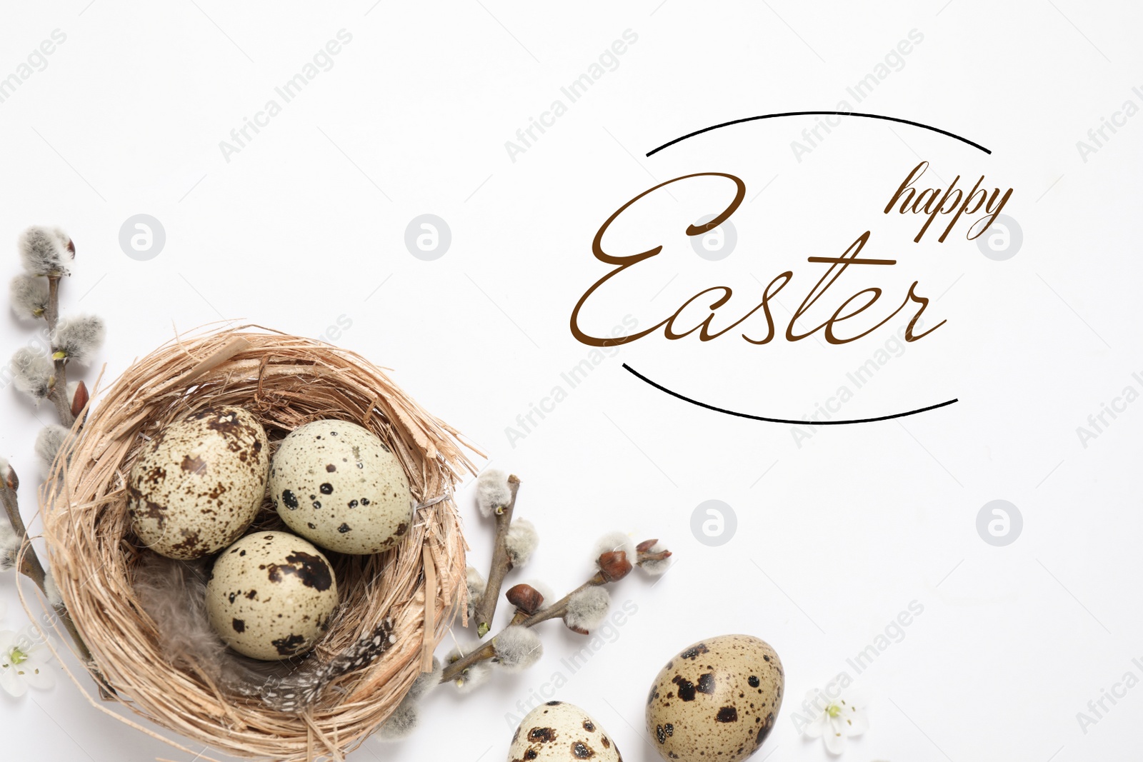 Image of Flat lay composition with quail eggs and text Happy Easter on white background