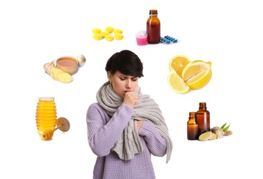 Image of SIck woman surrounded by different drugs and products for illness treatment on white background