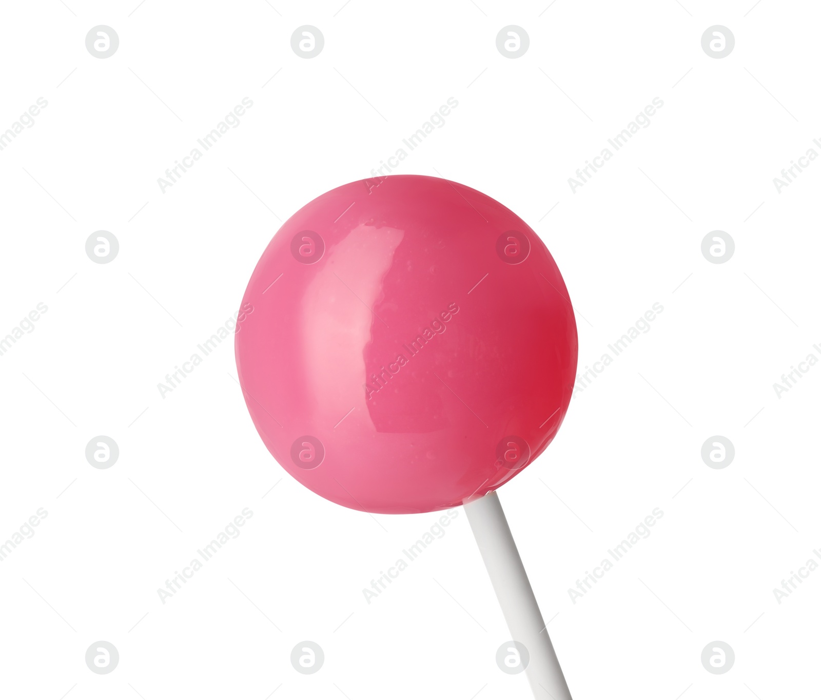 Photo of Tasty pink lollipop isolated on white. Confectionery product