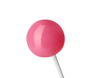 Tasty pink lollipop isolated on white. Confectionery product