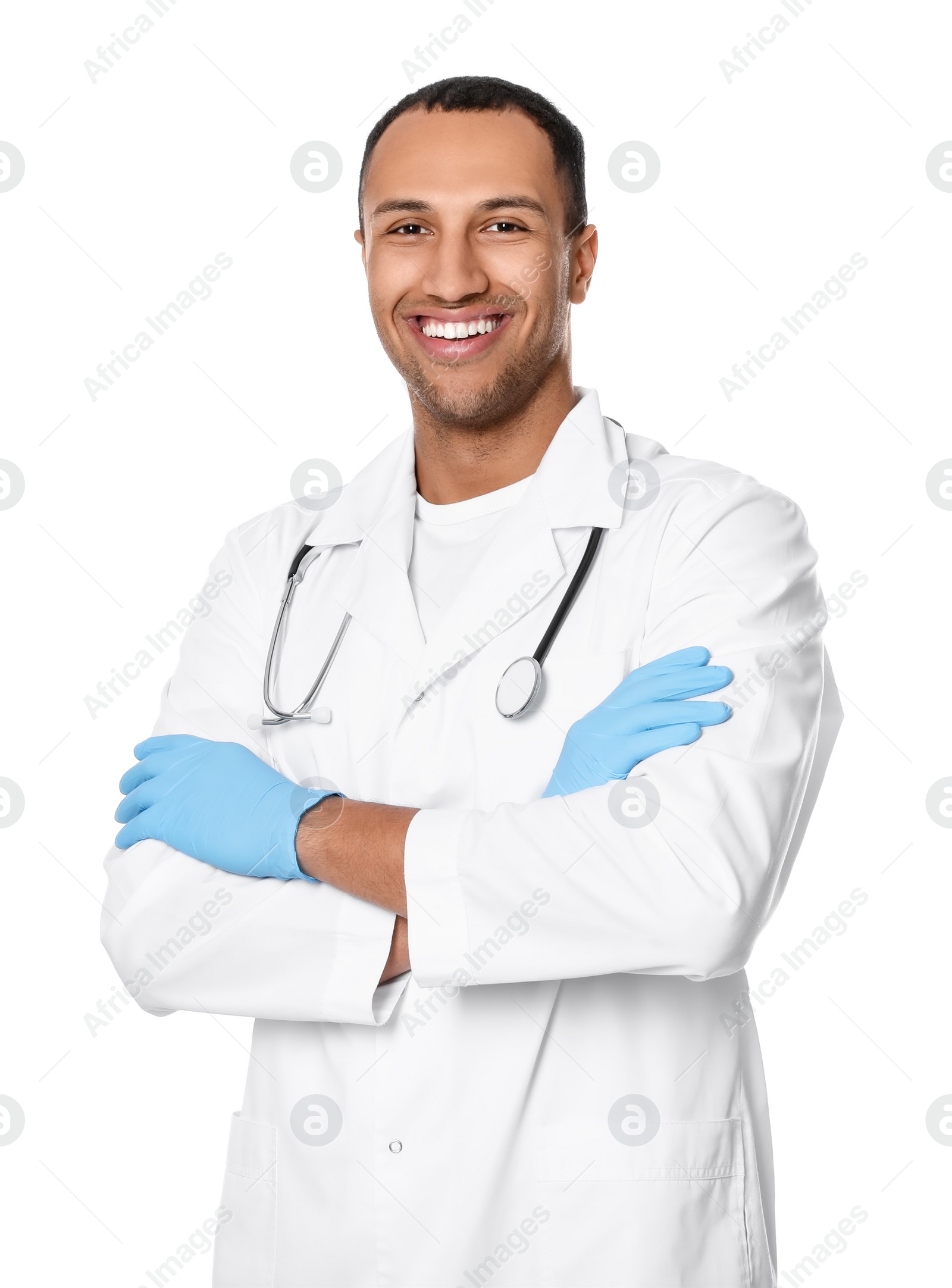 Photo of Doctor or medical assistant (male nurse) in uniform with stethoscope on white background