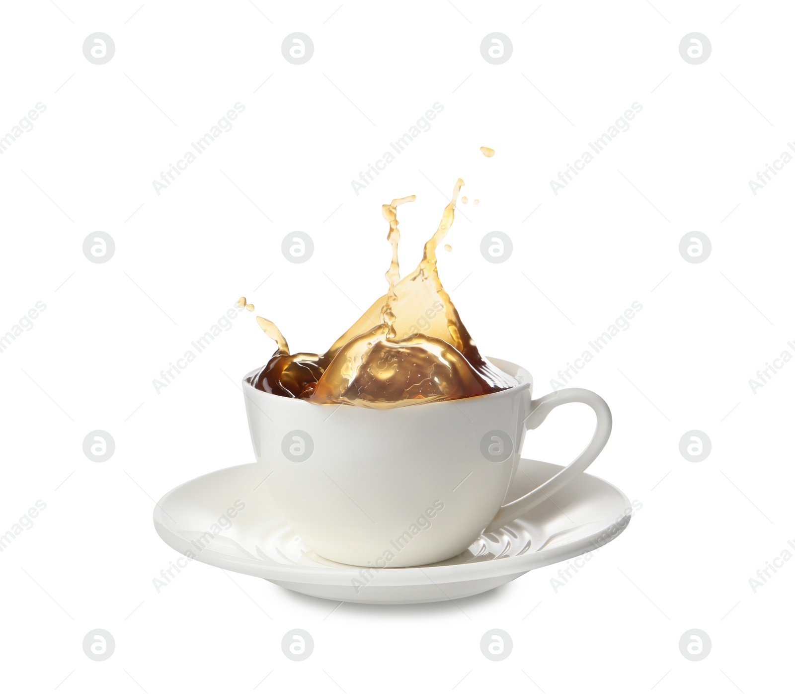 Photo of Cup with splashing coffee isolated on white