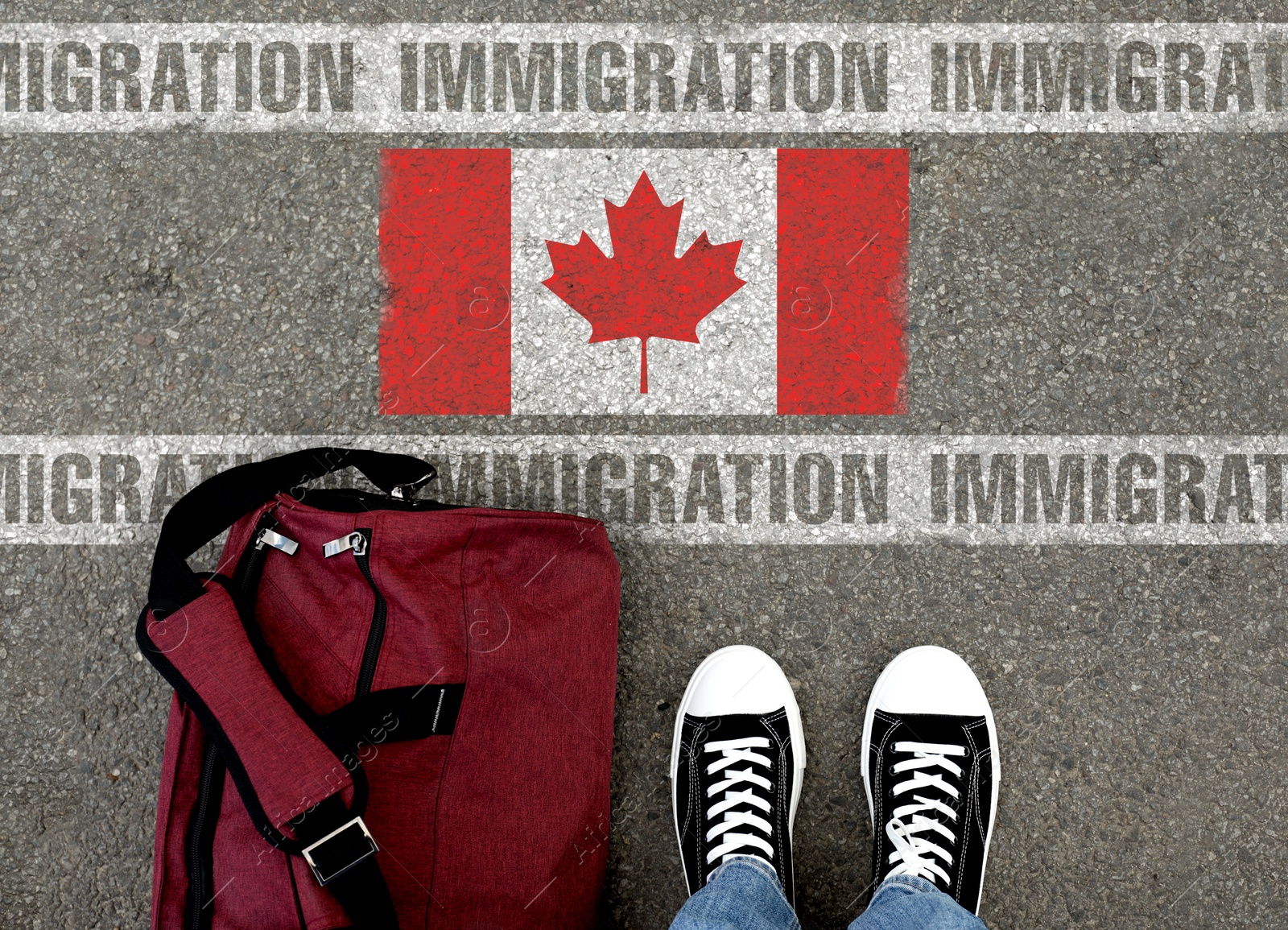 Image of Immigration. Man with bag standing on asphalt near flag of Canada, top view