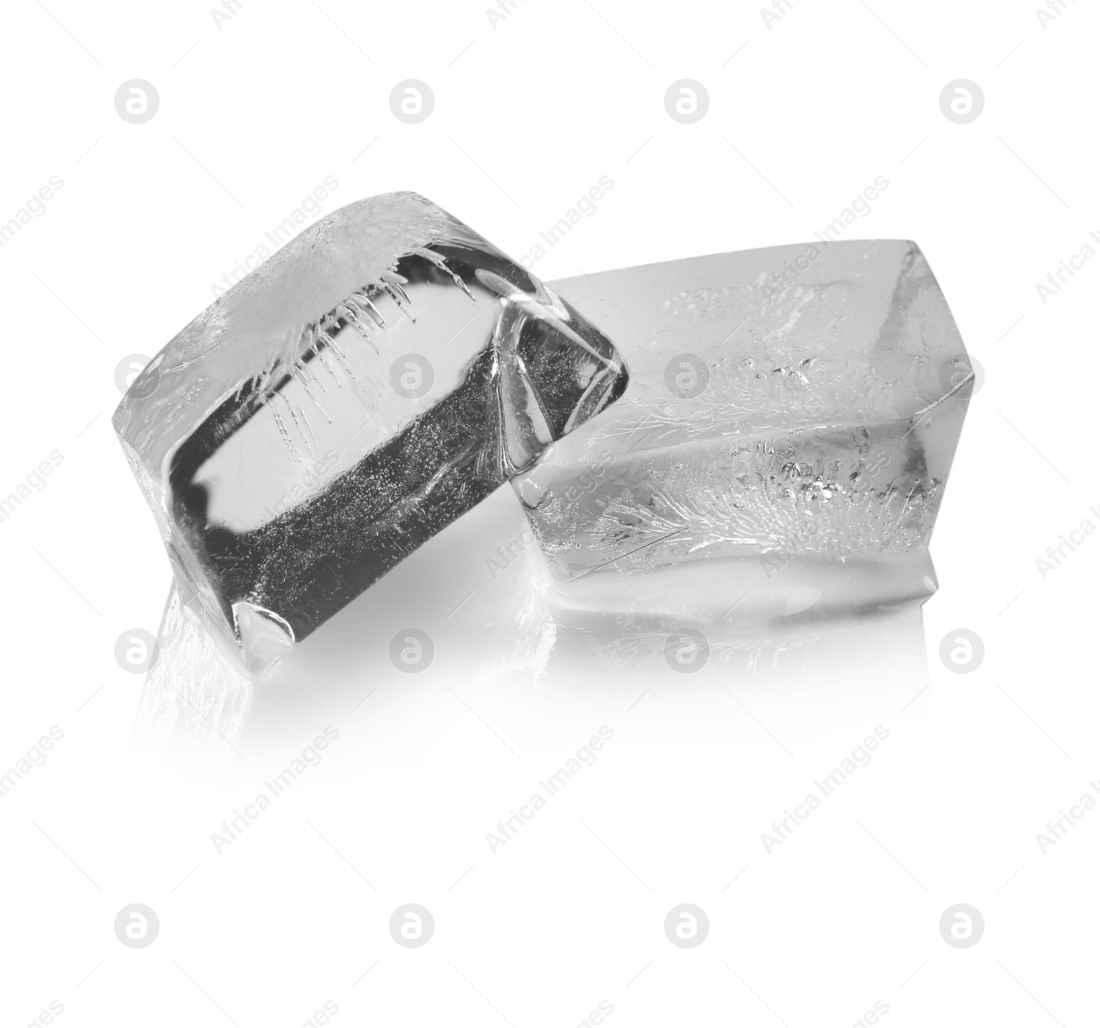 Photo of Transparent ice cubes melting on white background