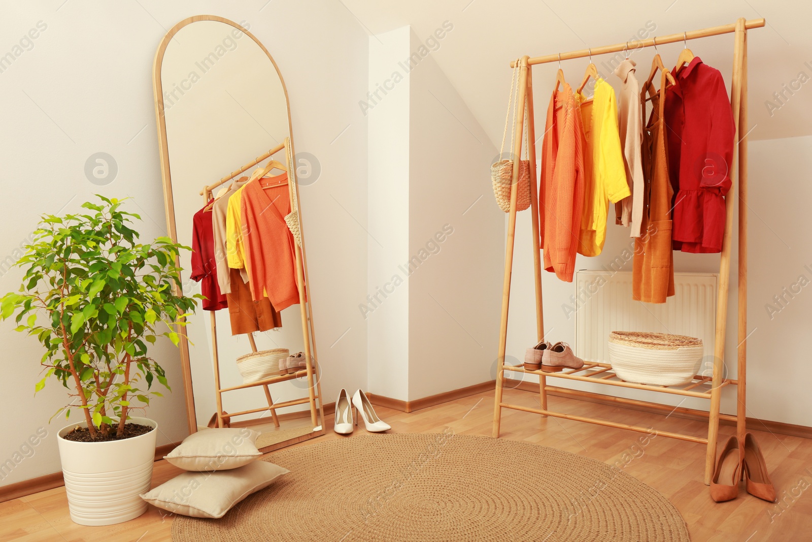 Photo of Stylish clothes rack, mirror and houseplant in room. Interior design