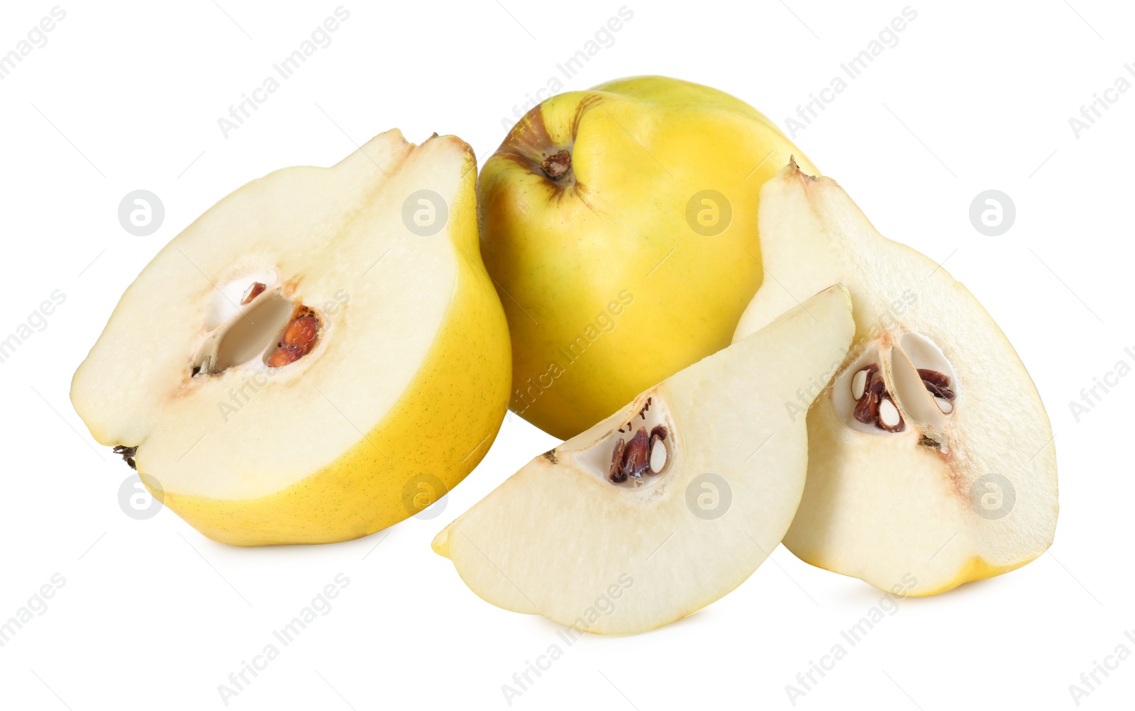 Photo of Ripe whole and cut quinces isolated on white