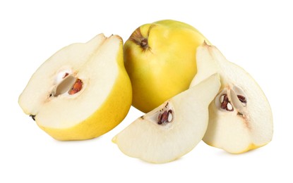 Ripe whole and cut quinces isolated on white