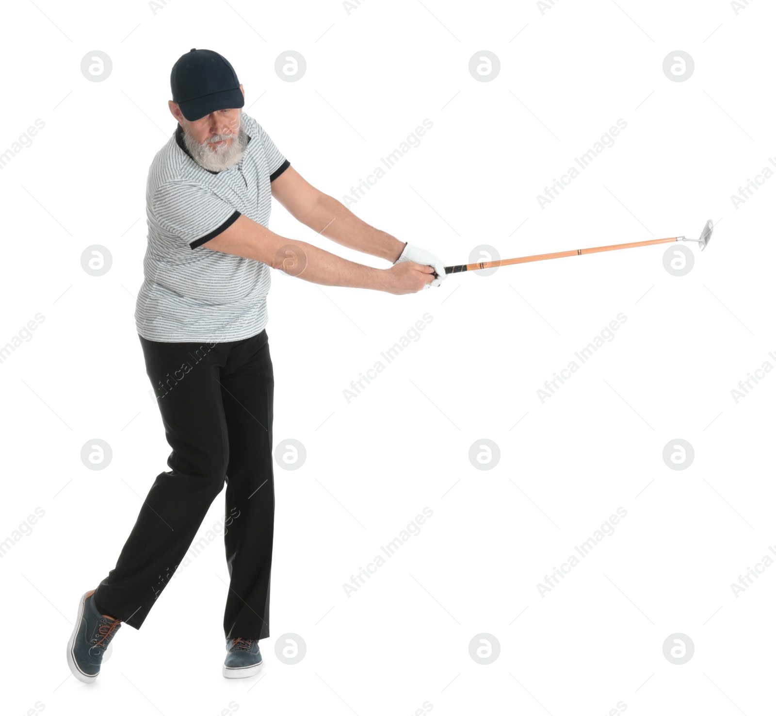 Photo of Senior man playing golf on white background