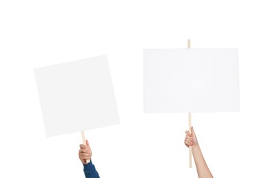 Image of People holding blank protest signs on white background, closeup