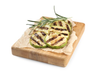 Photo of Delicious grilled zucchini slices with rosemary on white background