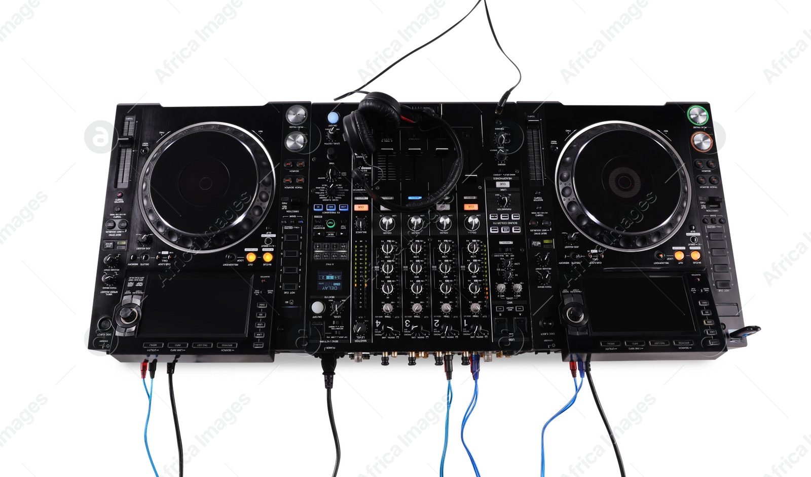 Photo of Modern DJ controller with headphones on white background, above view