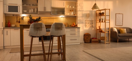 Image of Modern kitchen interior with stylish wooden table. Banner design
