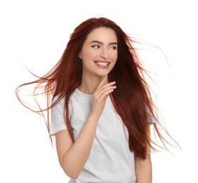 Happy woman with red dyed hair on white background