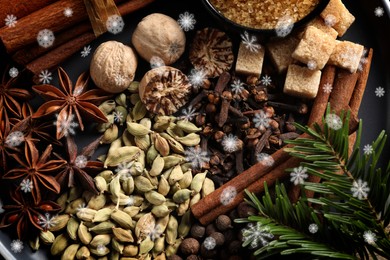 Different spices and fir tree branches on black background, flat lay. Cinnamon, cloves, anise, cardamom, nutmegs, allspice