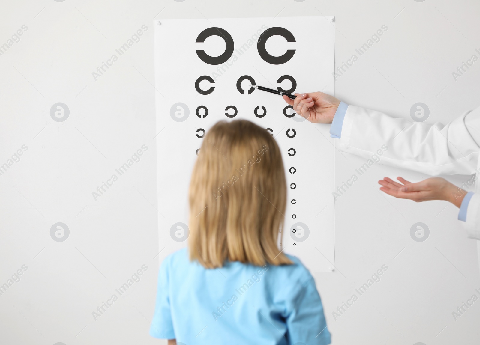 Photo of Ophthalmologist testing little girl's vision in clinic, back view