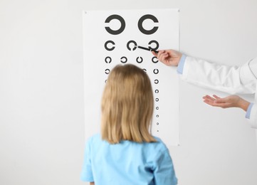 Ophthalmologist testing little girl's vision in clinic, back view