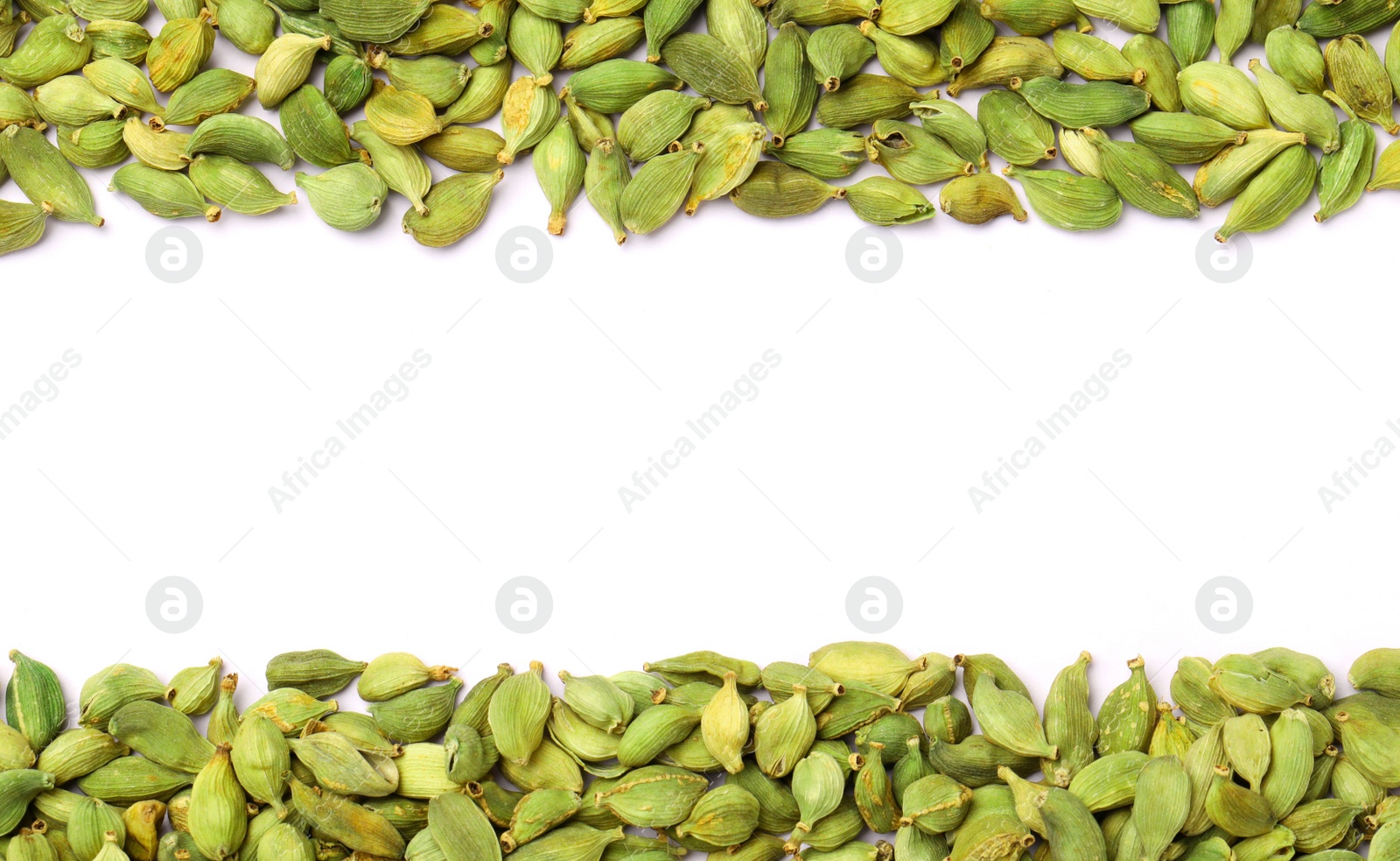 Photo of Dry green cardamom pods on white background, flat lay. Space for text