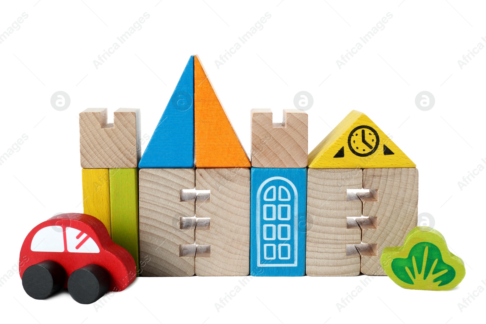 Photo of Set of wooden toys isolated on white. Children's development