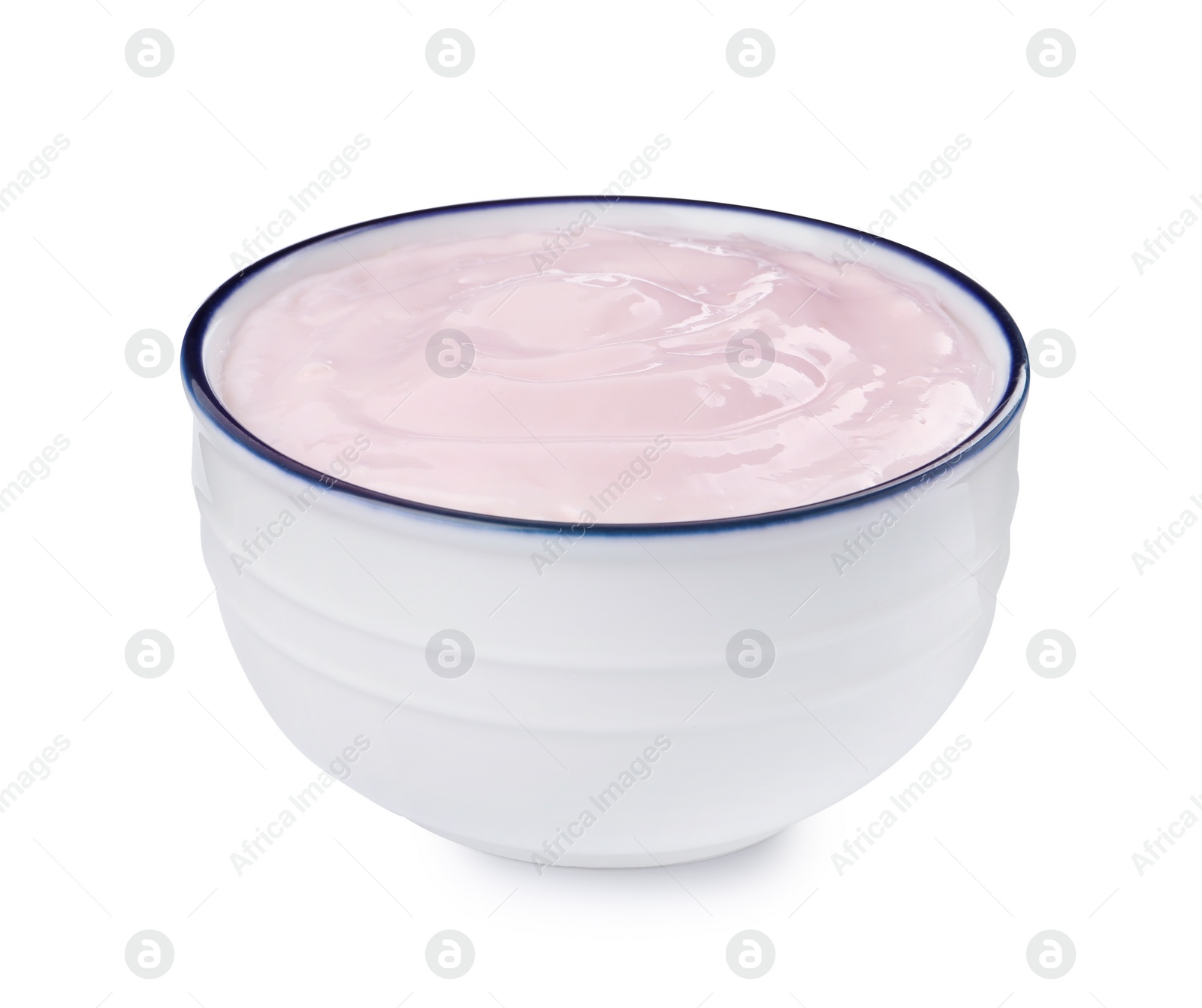 Photo of Bowl with delicious organic yogurt isolated on white