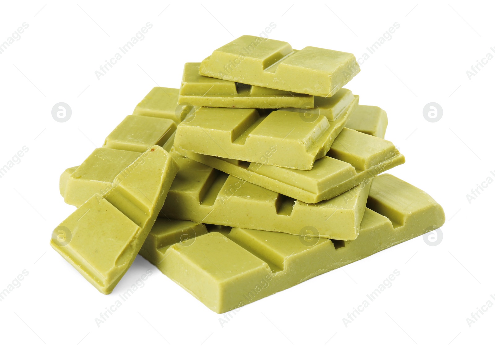 Photo of Pieces of tasty matcha chocolate bar isolated on white