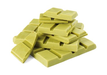 Photo of Pieces of tasty matcha chocolate bar isolated on white