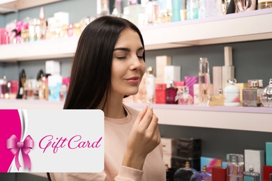 Image of Store gift card. Woman choosing perfume in shop