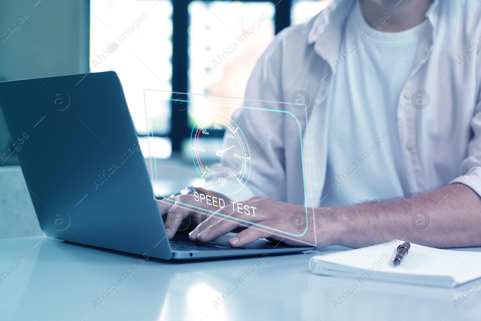 Image of Speed test. Man using laptop at table, closeup. Virtual screen over device