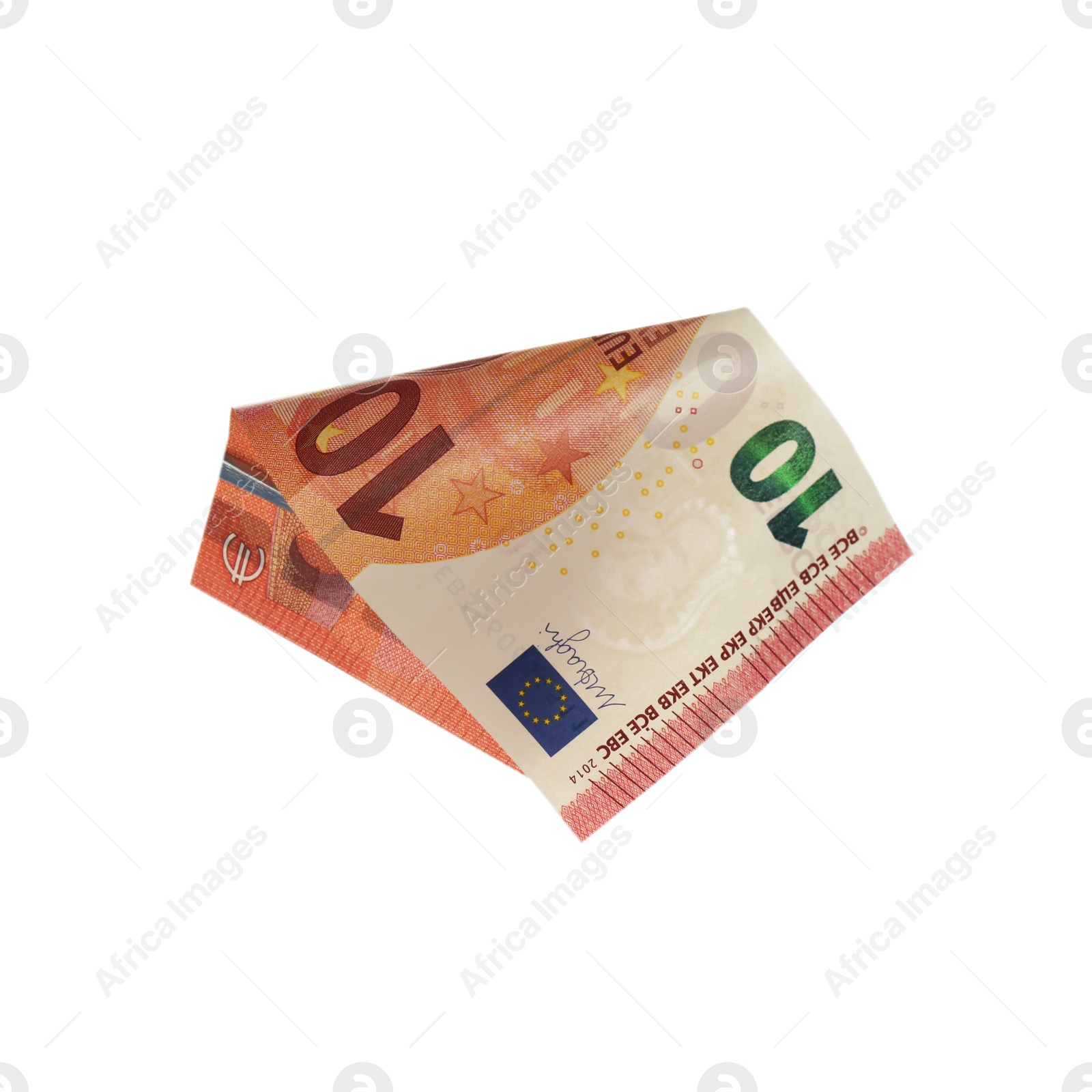 Photo of Euro banknote isolated on white. Flying money