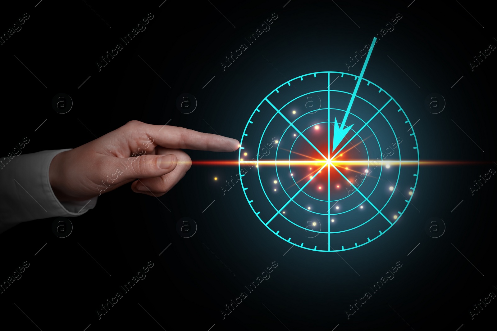 Image of Businessman pointing at virtual screen with digital target against dark background, closeup