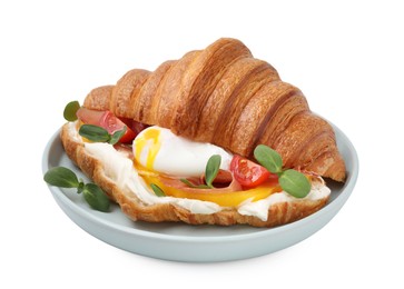 Photo of Tasty croissant with fried egg, tomato and microgreens isolated on white
