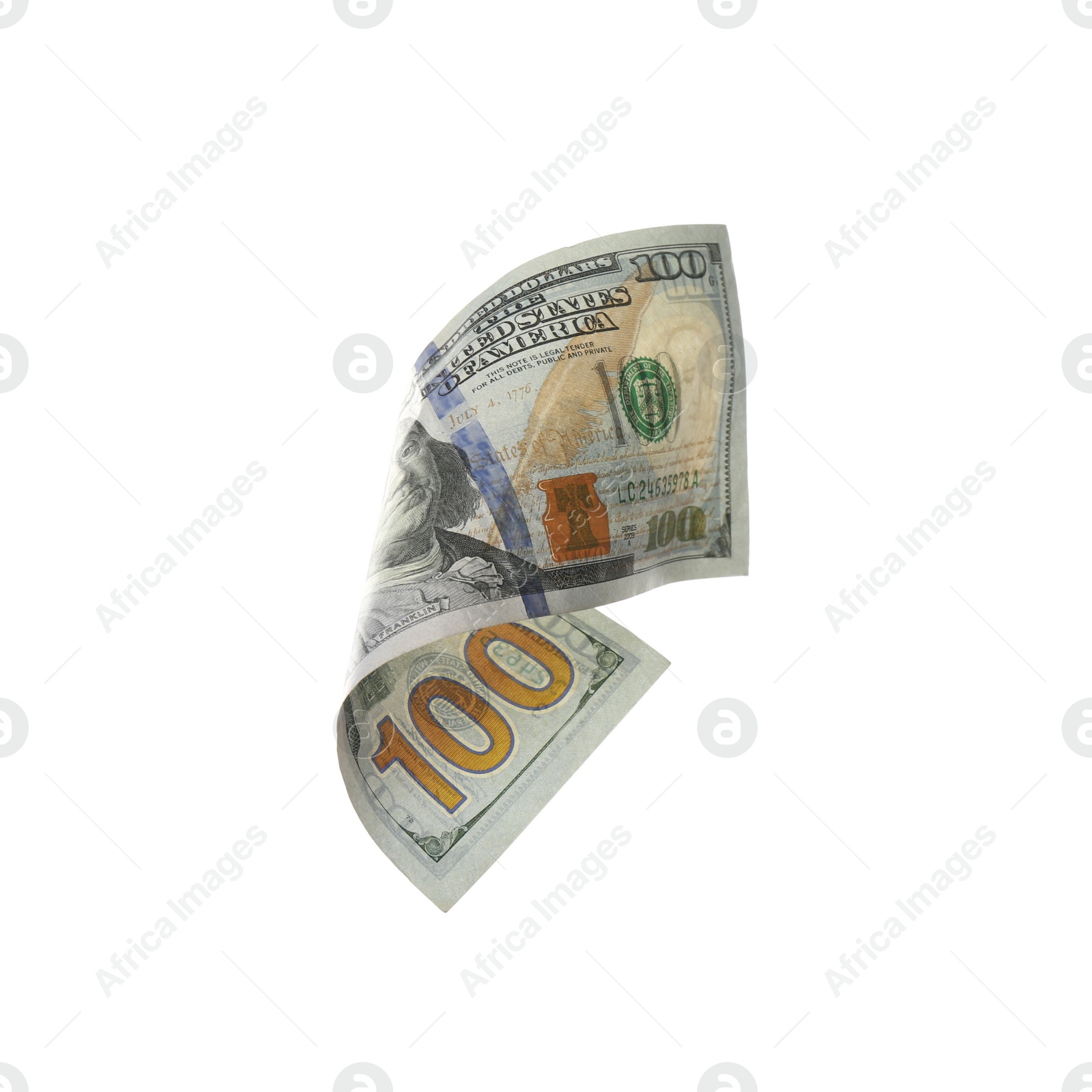 Photo of Dollar banknote isolated on white. Flying money