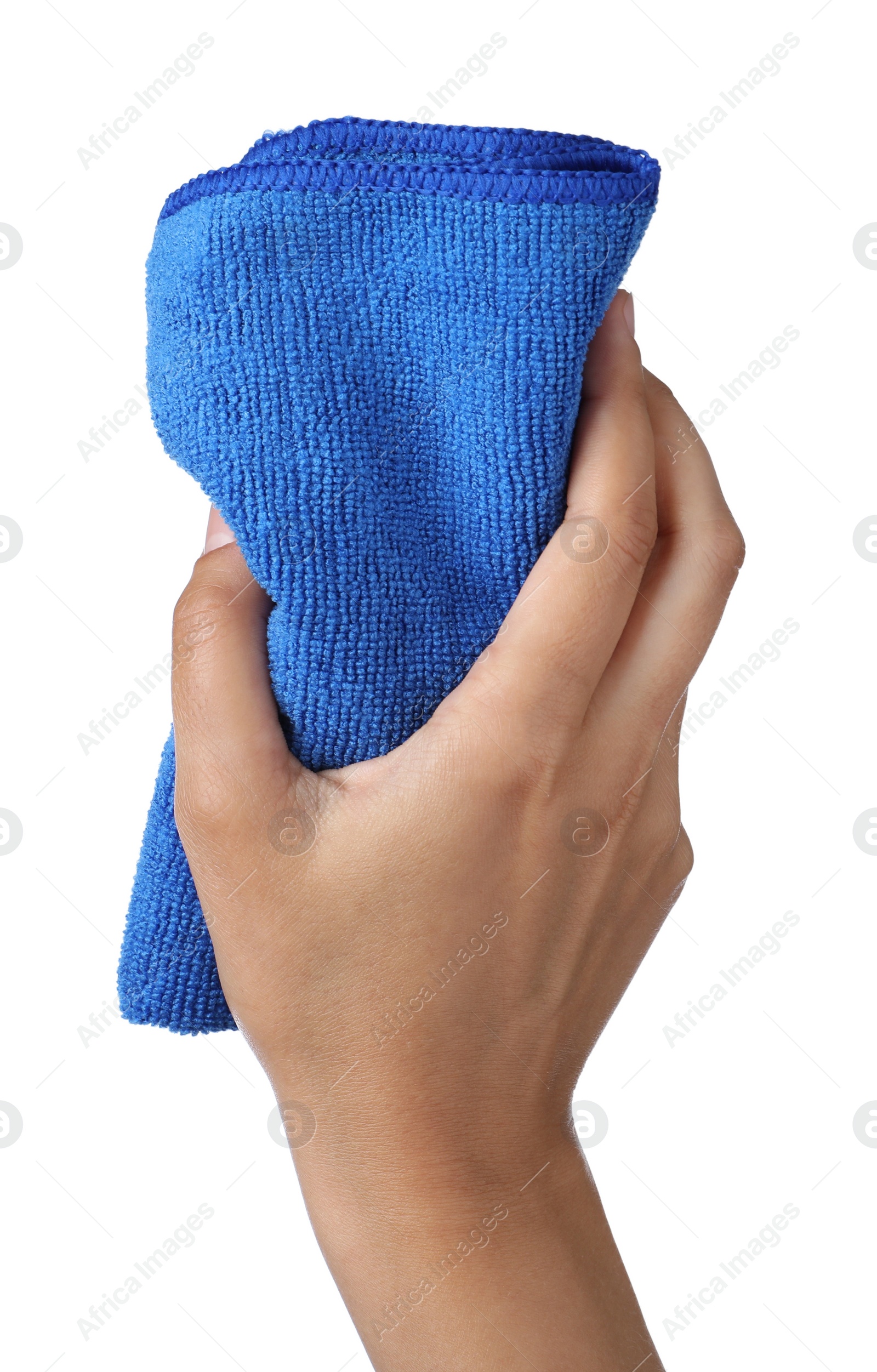 Photo of Woman with microfiber cloth on white background, closeup