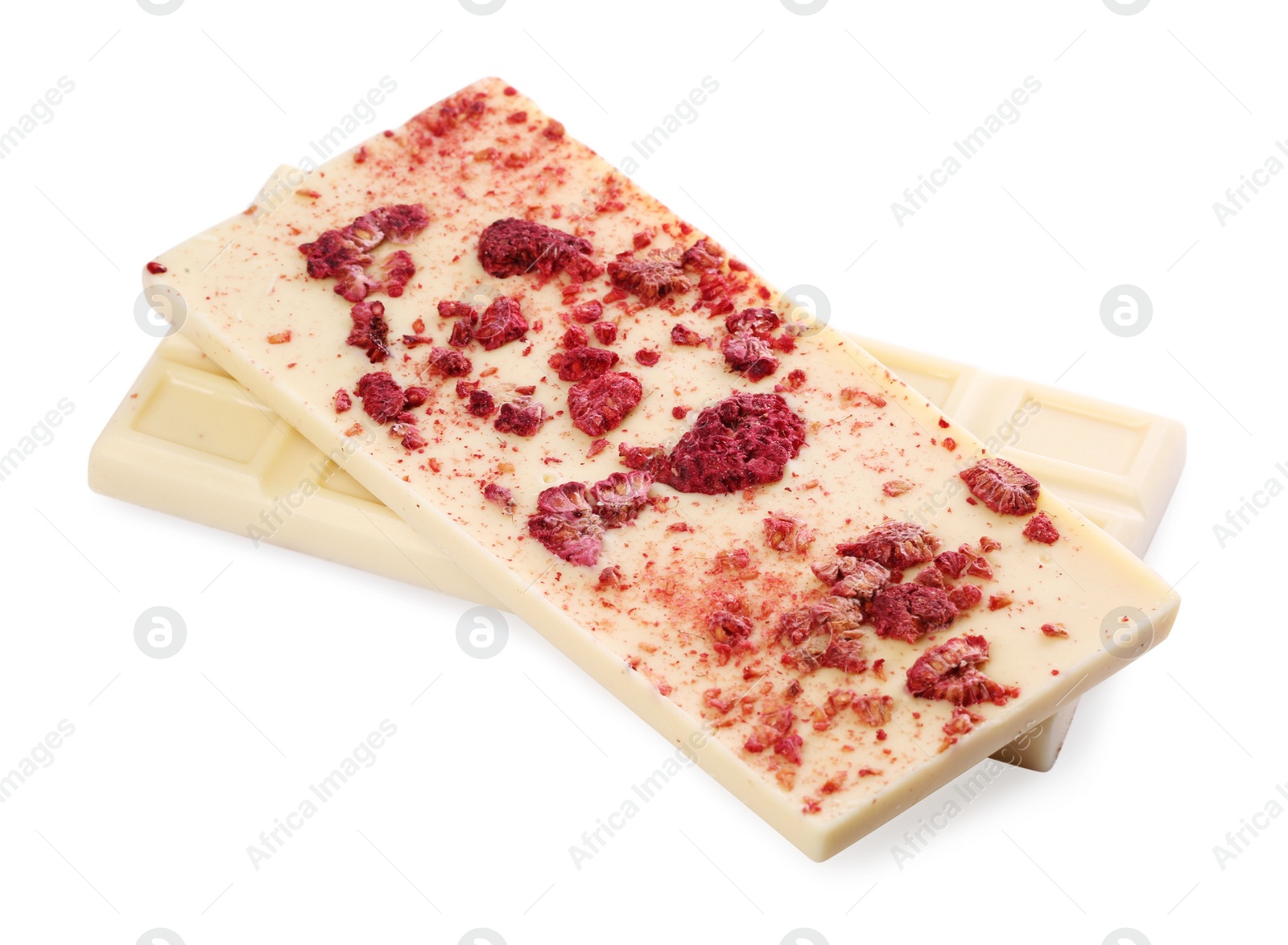 Photo of Chocolate bars with freeze dried raspberries on white background