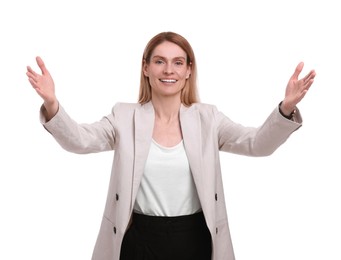 Photo of Portrait of beautiful happy businesswoman welcoming on white background