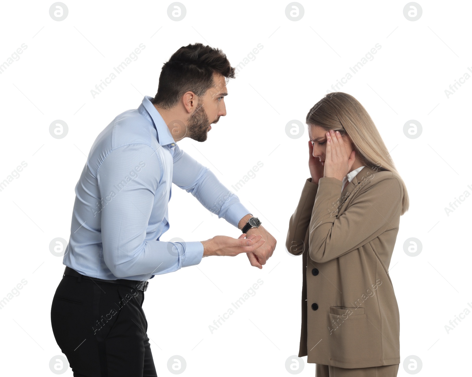 Photo of Businessman screaming at employee for being late against white background