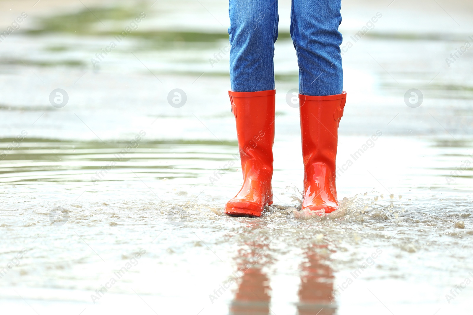 Photo of Woman with red rubber boots in puddle, closeup. Rainy weather