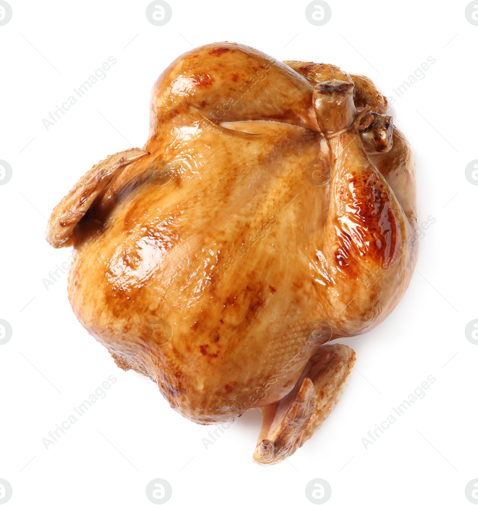 Photo of Tasty roasted chicken isolated on white, top view